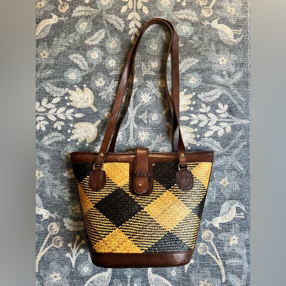 Elliott Lucca Brown Leather and Woven Large Diagonal Gingham Pattern Tote Bag